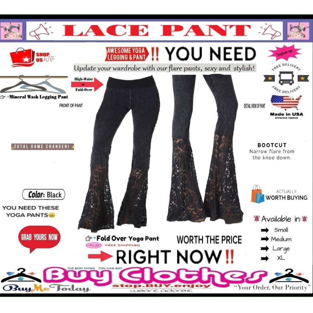 🛑 BOTTOM Fold Embroidery ➕ LACE 🆒 LEGGING PANT High Waist FLARE Wash BUY NOW - Picture 8 of 16